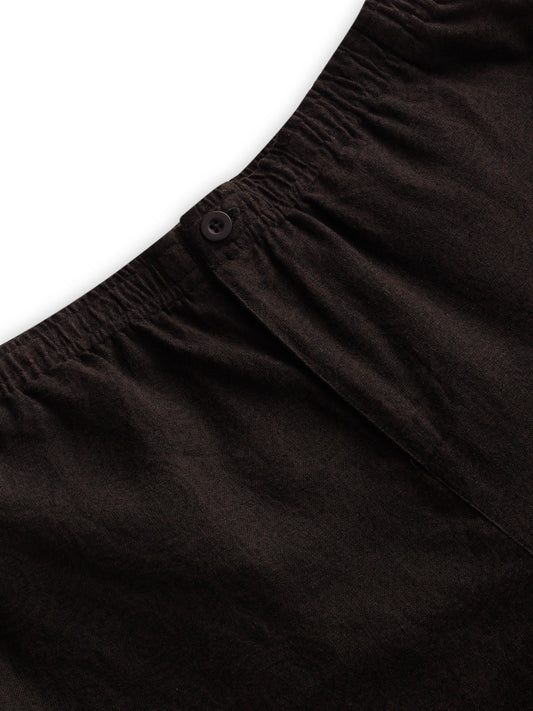 Brown Linen Blend Motif Printed Wide-Leg Trousers