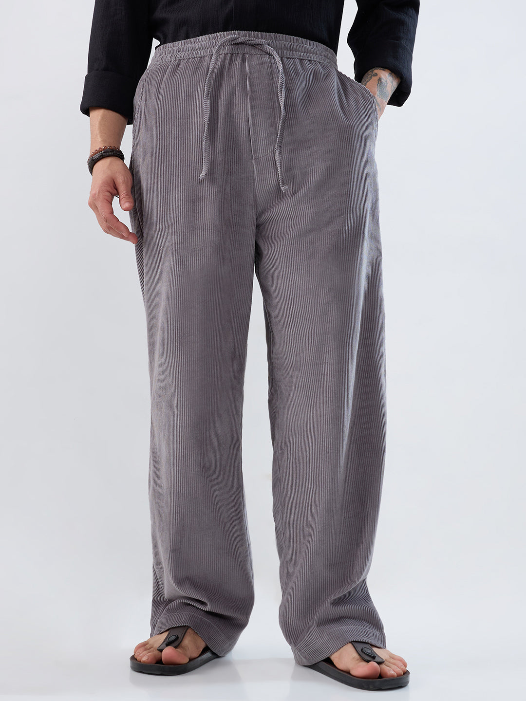 Premium Grey Corduroy Straight-Fit Trousers