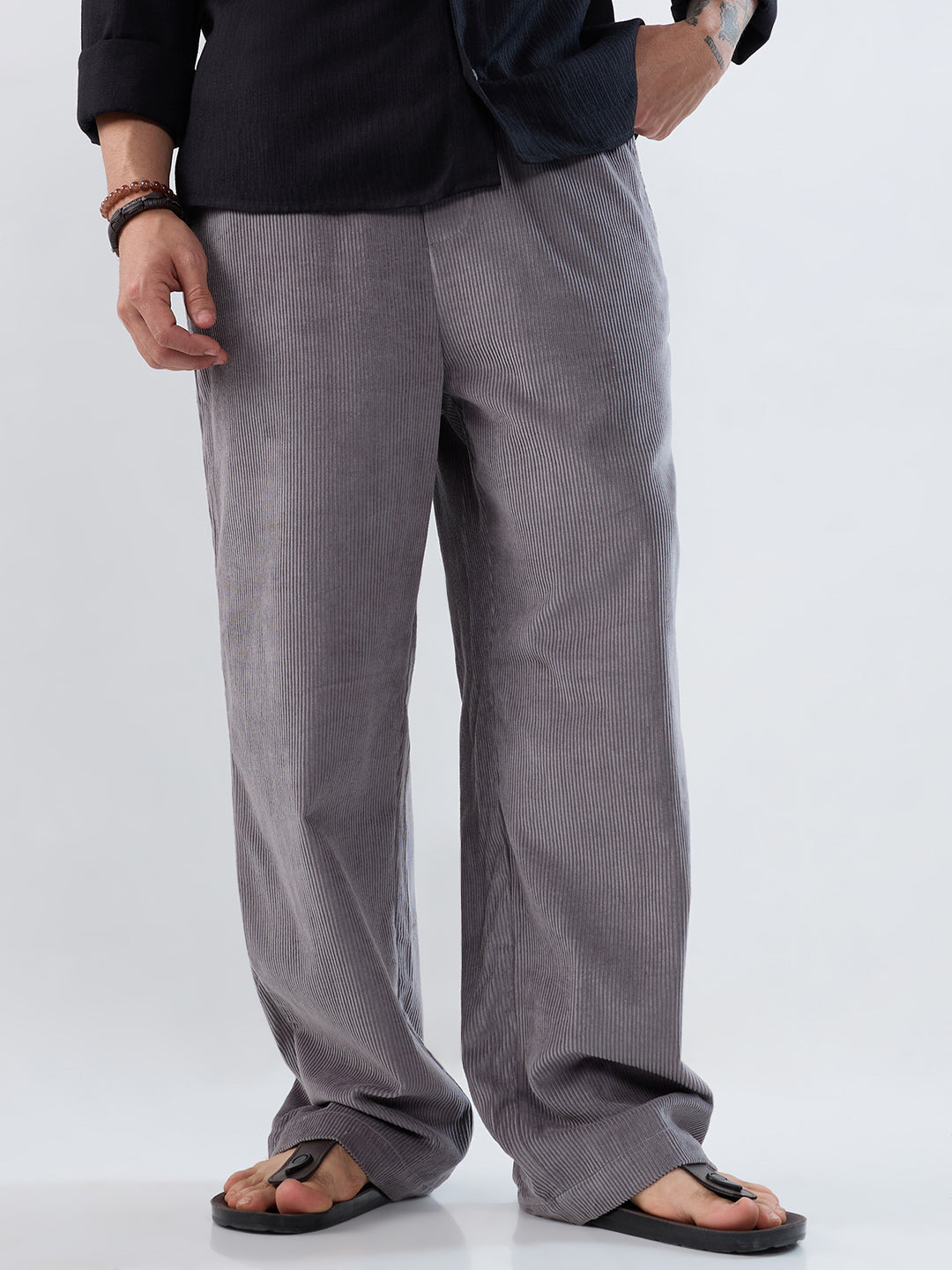 Premium Grey Corduroy Straight-Fit Trousers