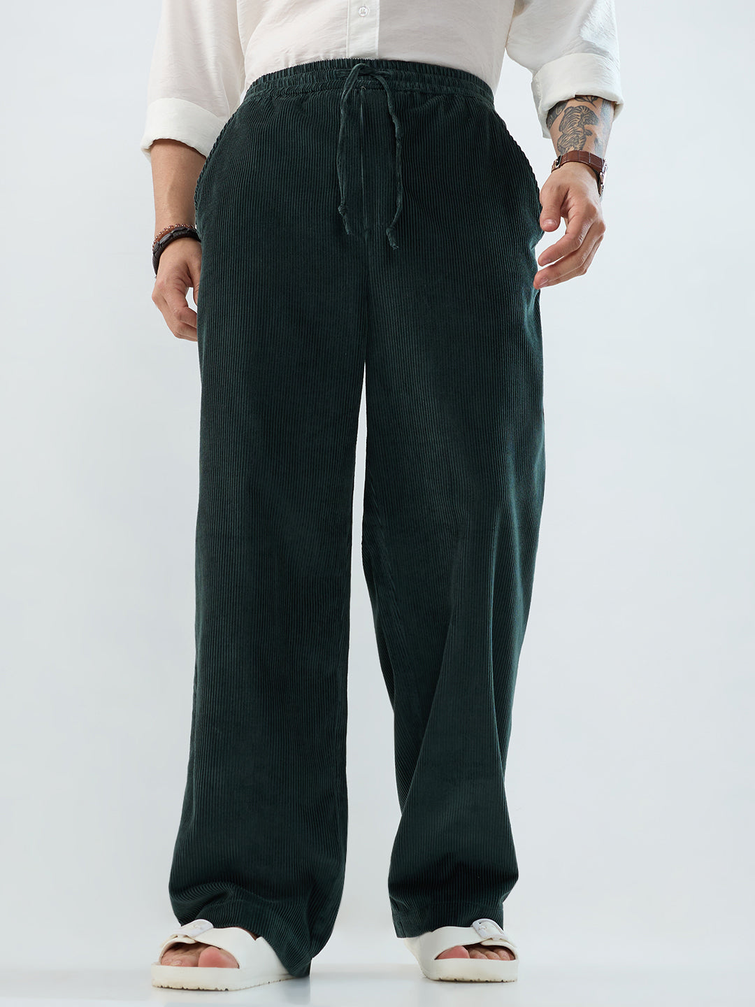 Sacremento Green Corduroy Straight-Fit Trousers