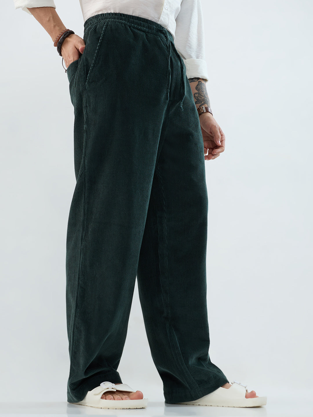 Sacremento Green Corduroy Straight-Fit Trousers