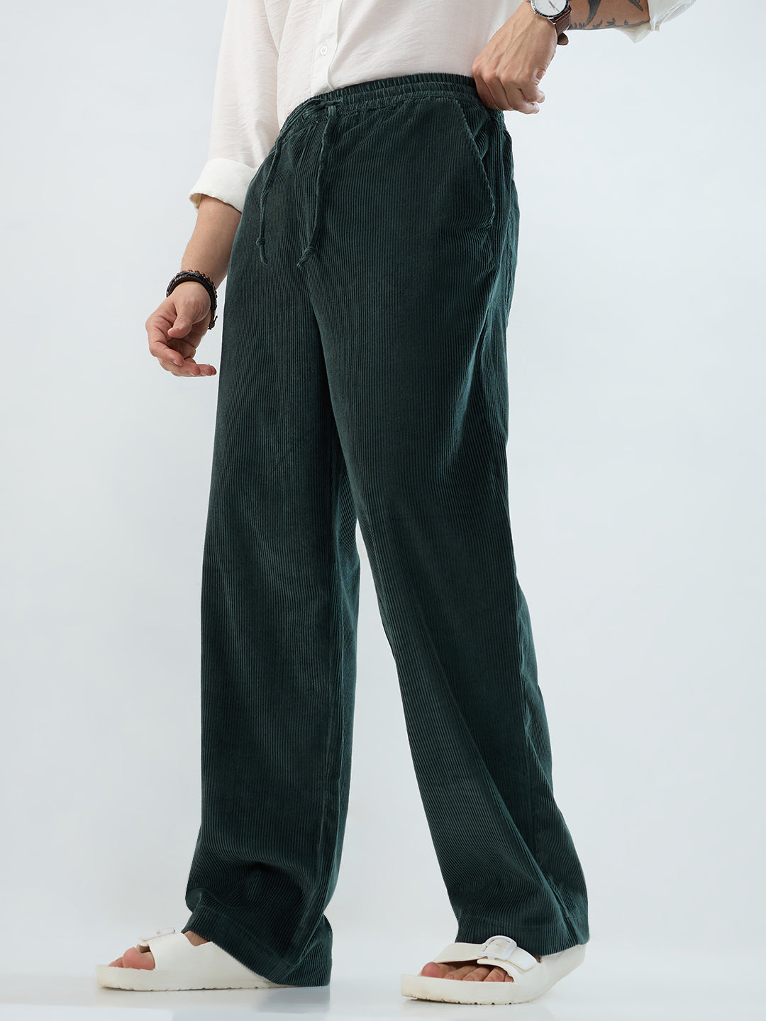 Sacremento Green Corduroy Straight-Fit Trousers