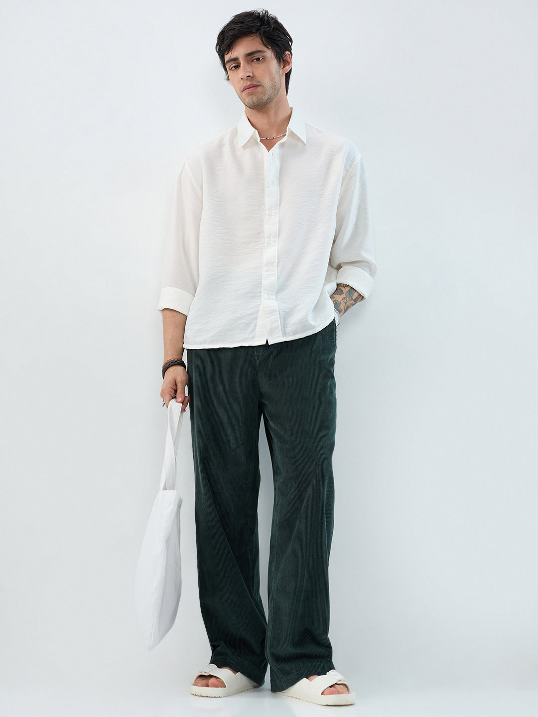 Sacremento Green Corduroy Straight-Fit Trousers