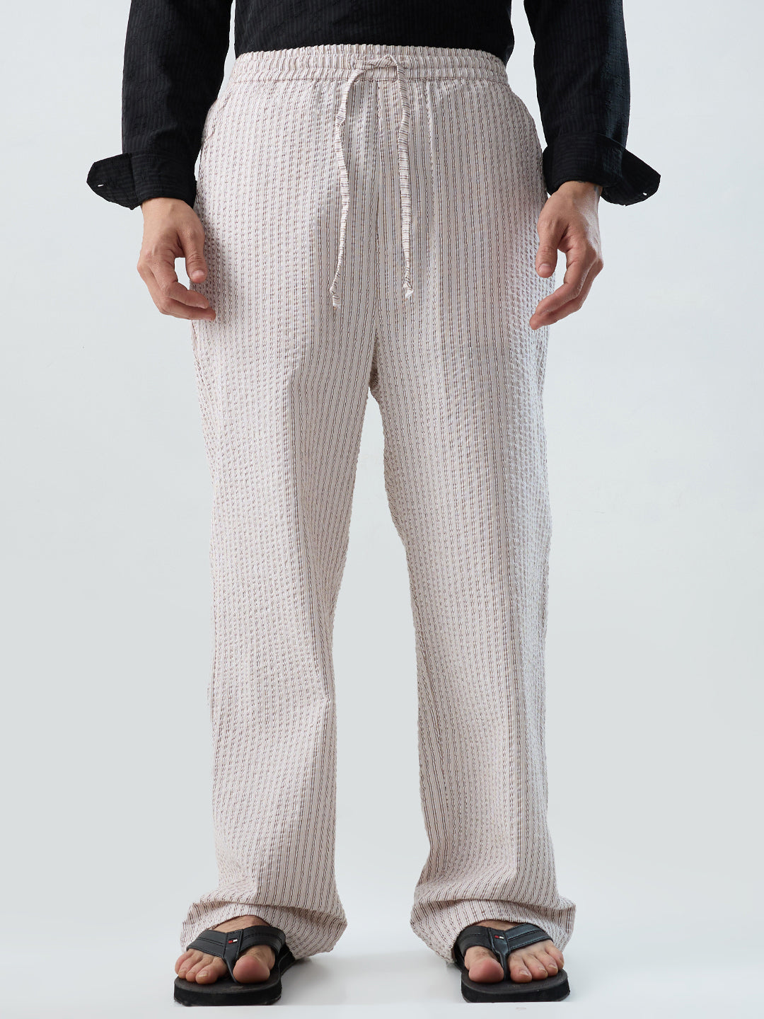 Beige & Brown Seersucker Stripes Straight-Fit Trousers