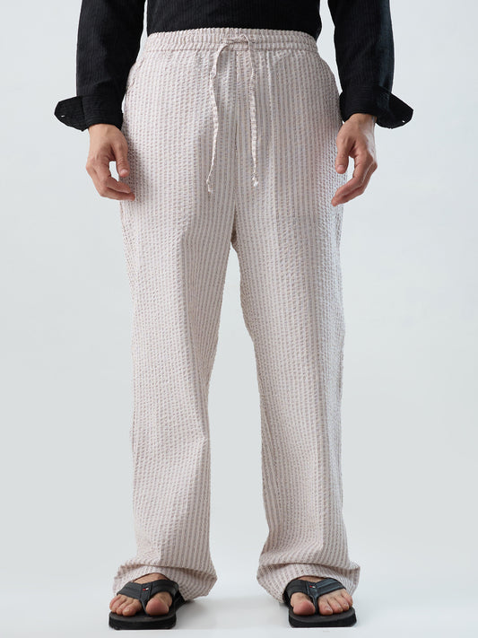 Beige & Brown Seersucker Stripes Straight-Fit Trousers