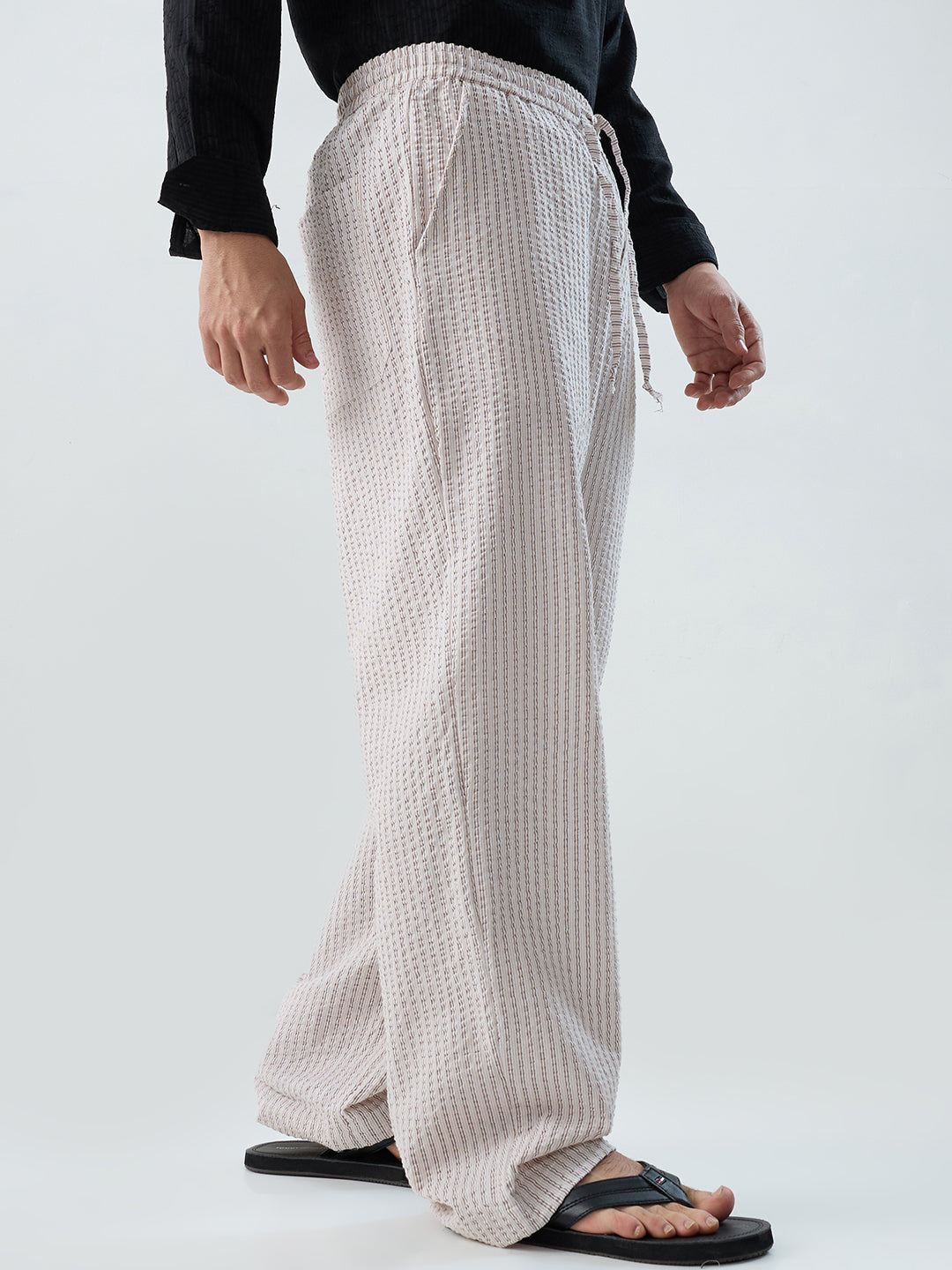 Beige & Brown Seersucker Stripes Straight-Fit Trousers