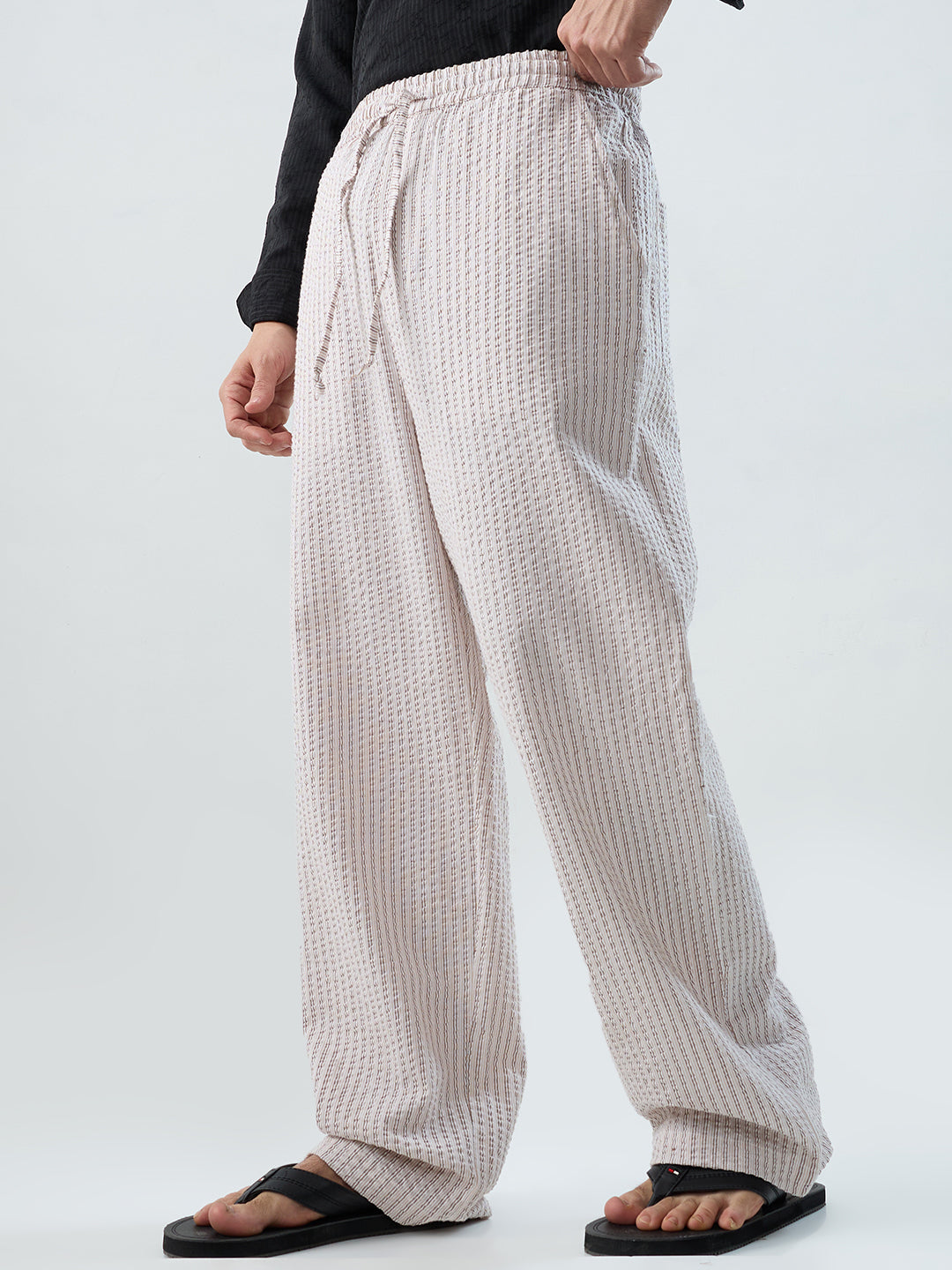 Beige & Brown Seersucker Stripes Straight-Fit Trousers