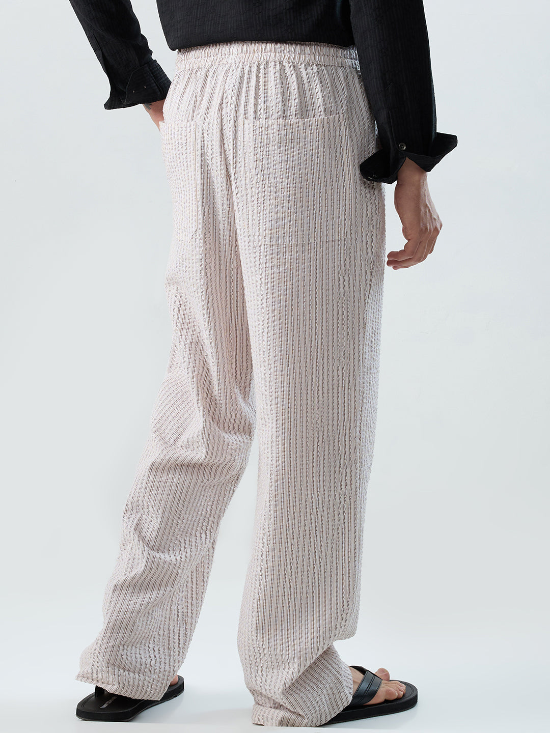 Beige & Brown Seersucker Stripes Straight-Fit Trousers