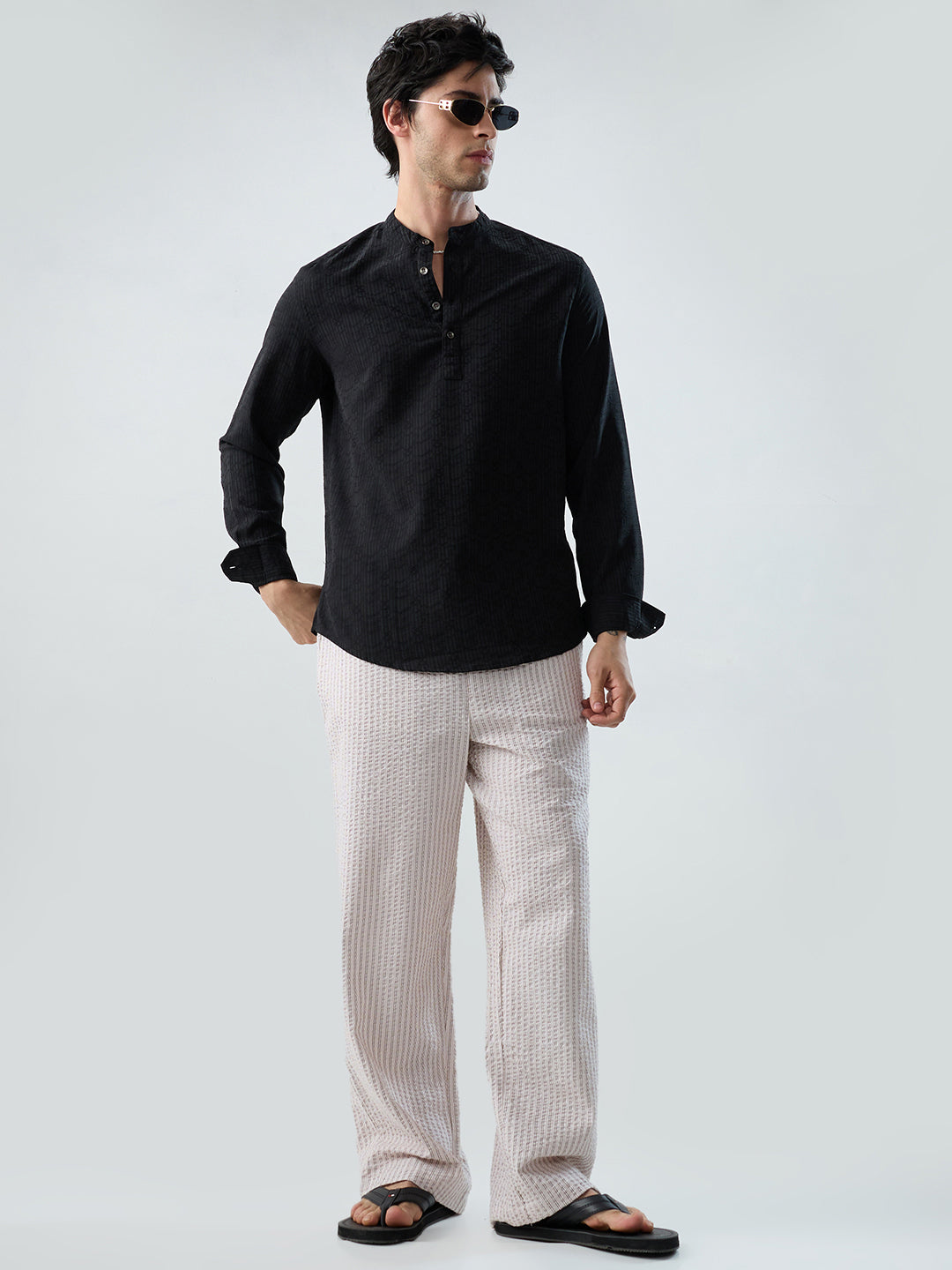 Beige & Brown Seersucker Stripes Straight-Fit Trousers