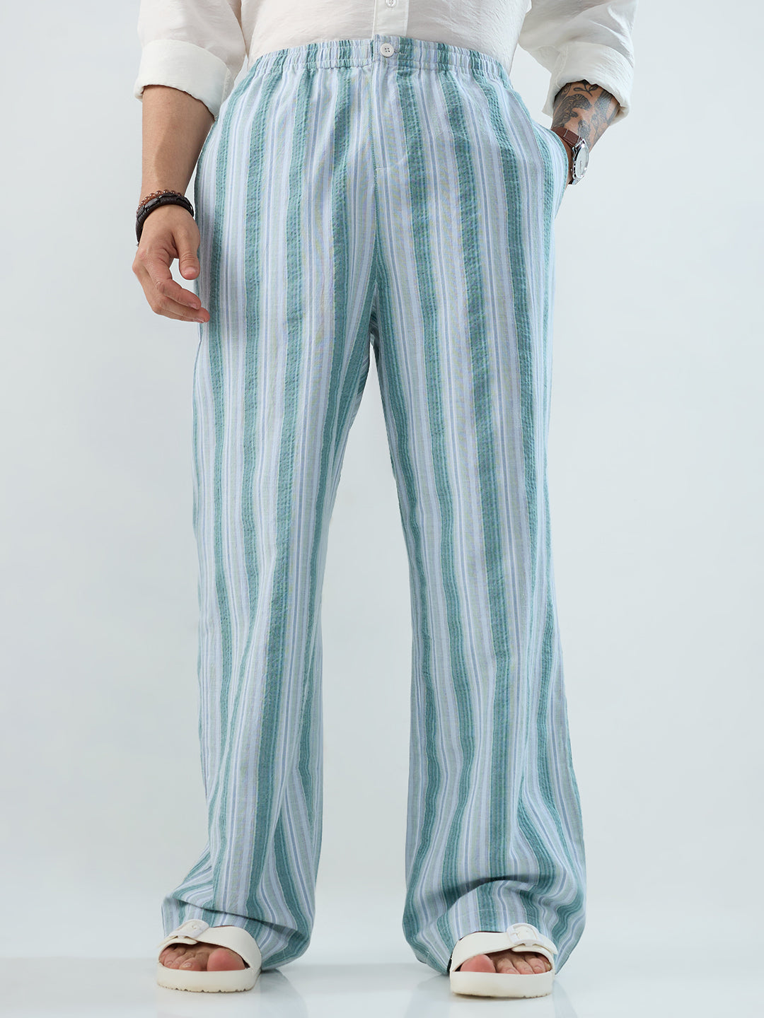 Coastal Teal Multi-Line Seersucker Wide-Leg Trousers