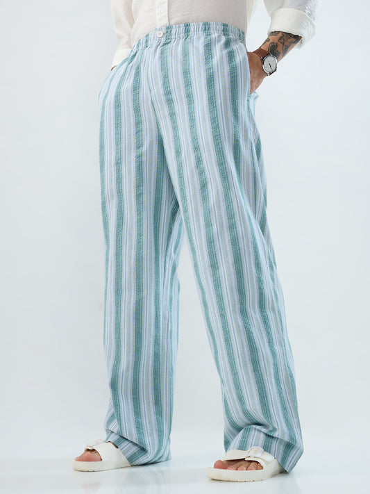 Coastal Teal Multi-Line Seersucker Wide-Leg Trousers