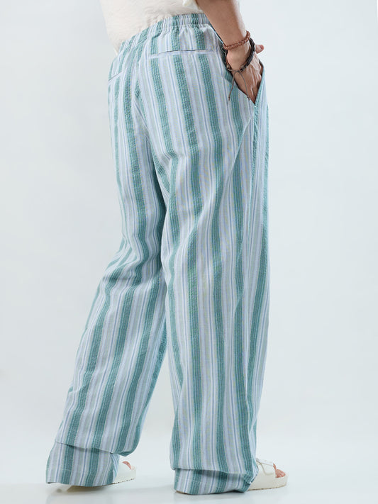 Coastal Teal Multi-Line Seersucker Wide-Leg Trousers