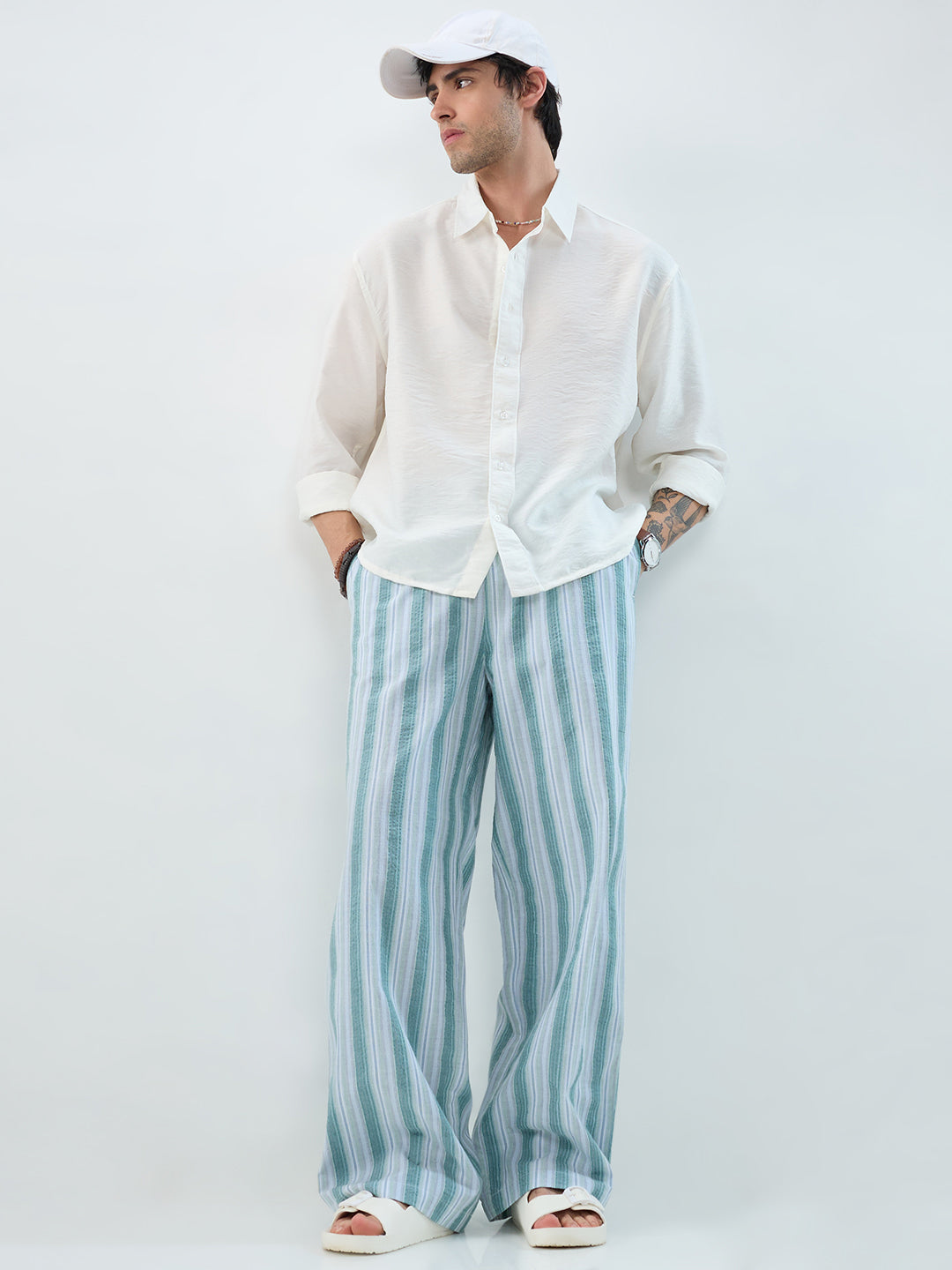 Coastal Teal Multi-Line Seersucker Wide-Leg Trousers