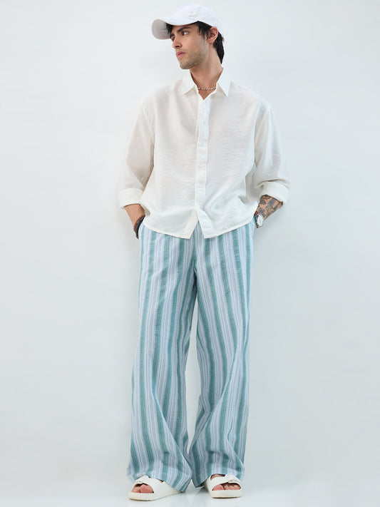 Coastal Teal Multi-Line Seersucker Wide-Leg Trousers
