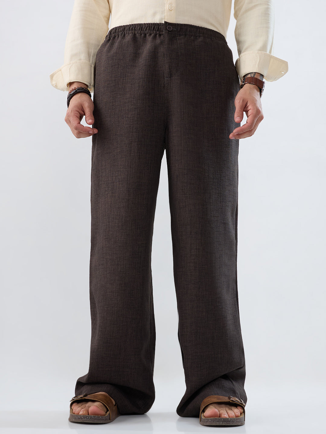 Slate Grey Slub Textured Wide-Leg Trousers