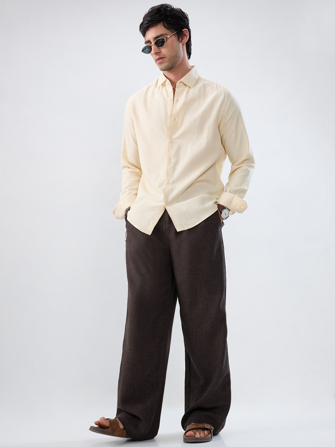 Slate Grey Slub Textured Wide-Leg Trousers