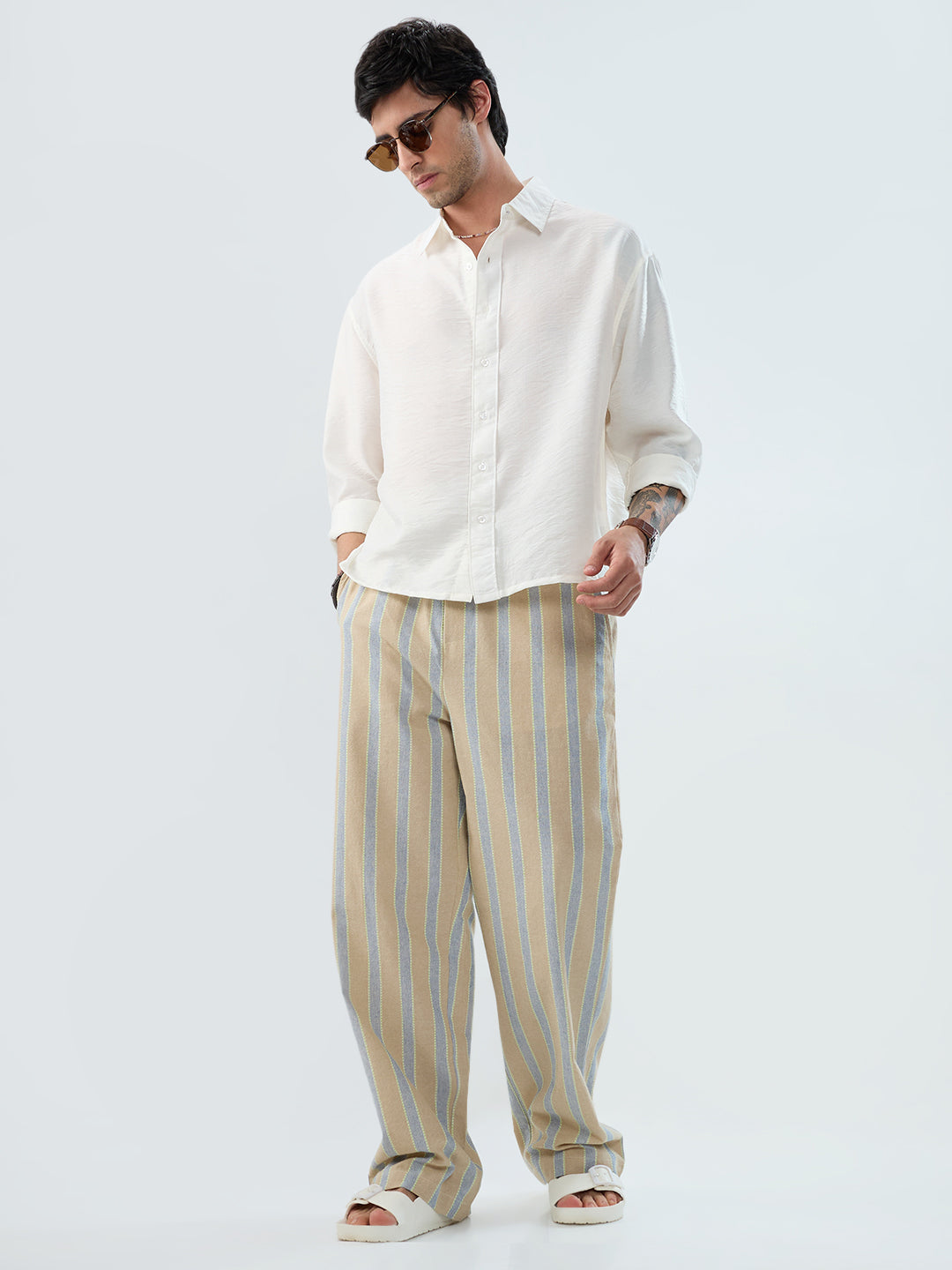 Camel Beige & Navy Striped Straight-Fit Trousers