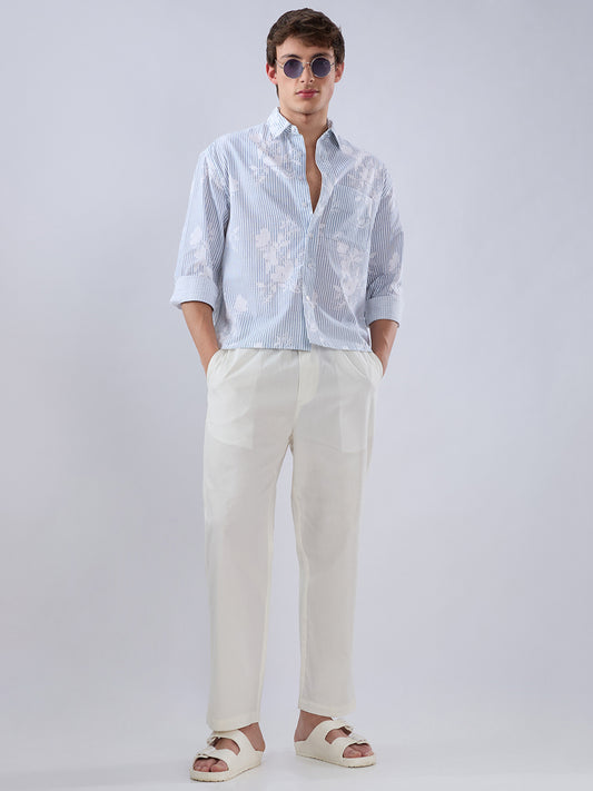 Solid Pastel Cream Tapered Trousers