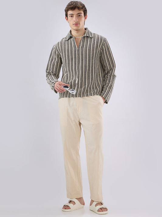 Bisque Beige Seersucker Striped Tapered Trousers
