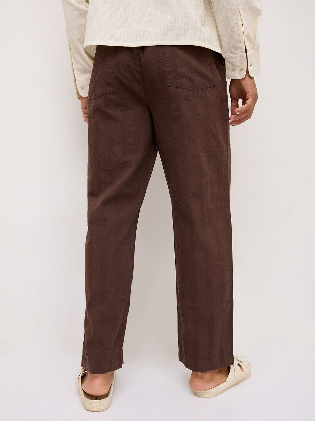 Coffee Brown Seersucker Striped Tapered Trousers