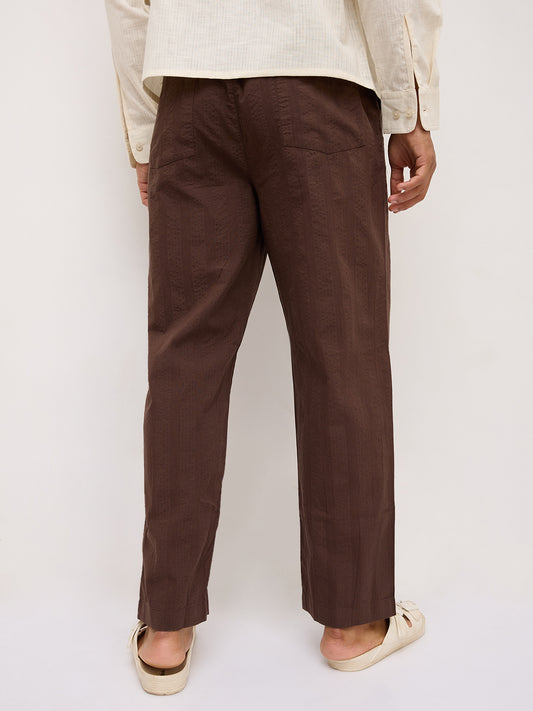 Coffee Brown Seersucker Striped Tapered Trousers