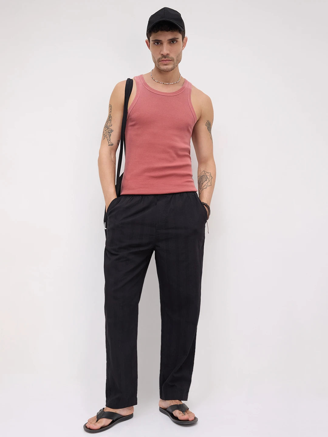Minimal Black Seersucker Tapered Trousers