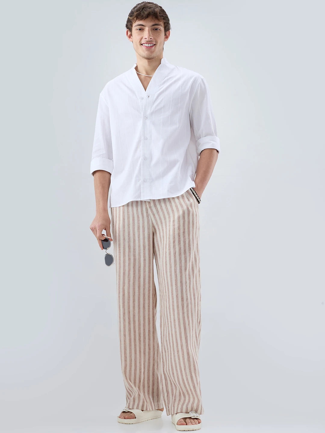 Brown & Ivory Striped Linen Blend Wide Leg Trousers