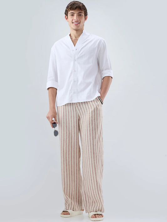Brown & Ivory Striped Linen Blend Wide Leg Trousers