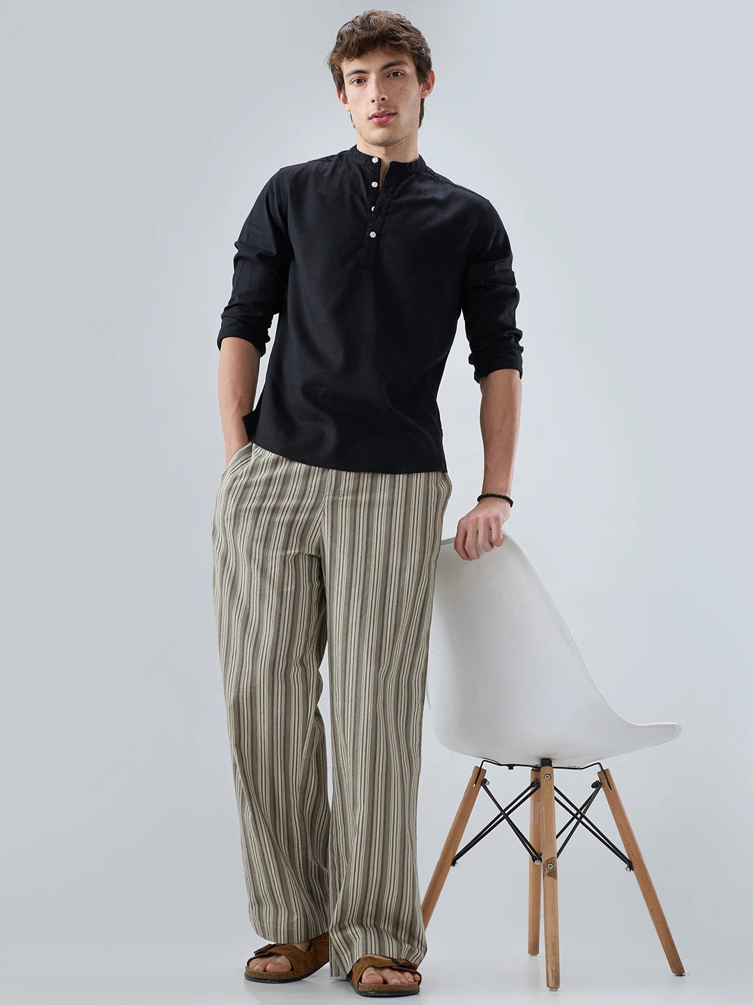 Olive Contrast Striped Wide Leg Trousers