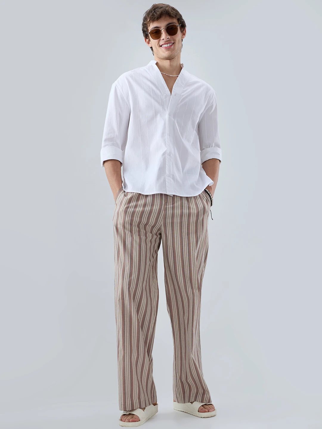 Brown Contrast Striped Wide Leg Trousers