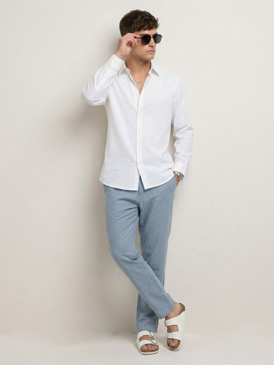 Blue Slub Chevron Textured Tapered Trousers