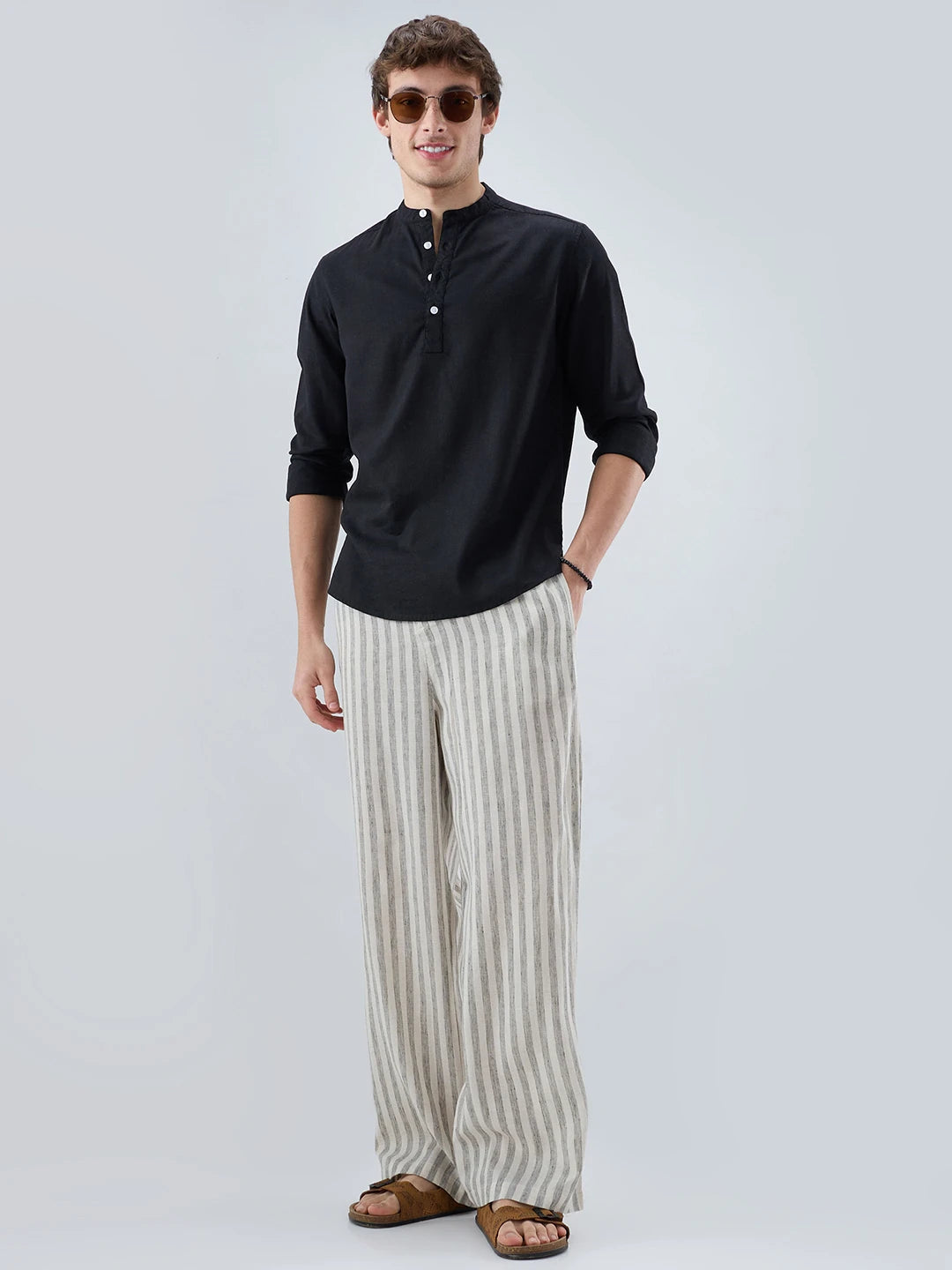Olive & Ivory Striped Linen Blend Wide Leg Trousers