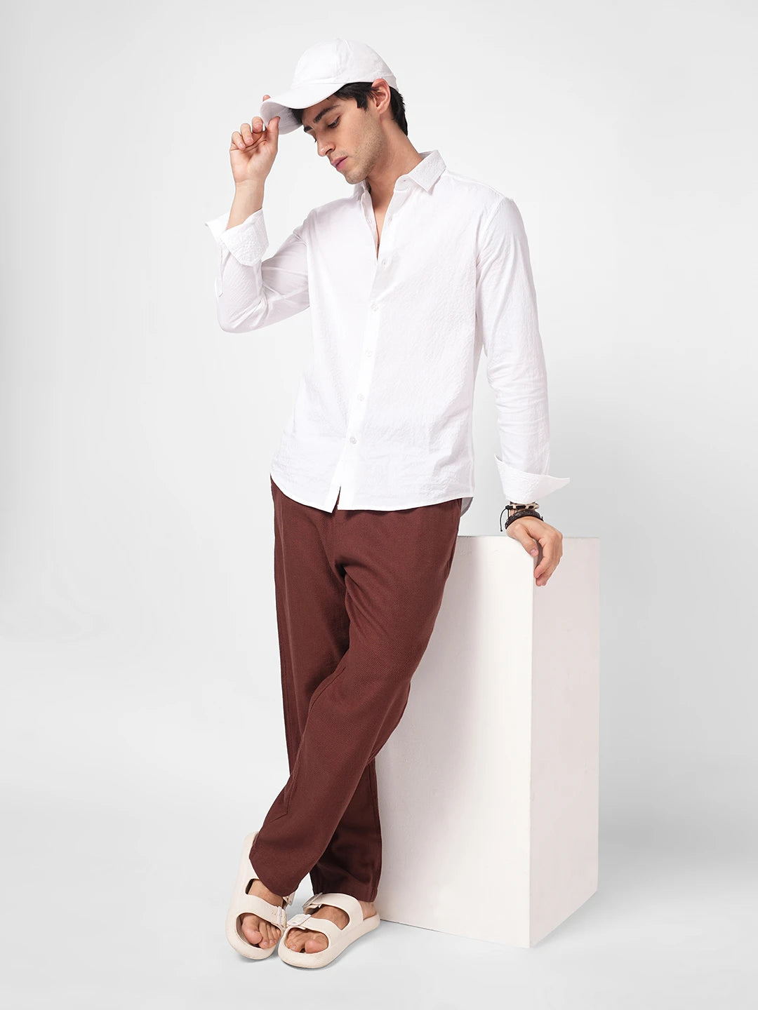 Brown Diagonal Twill Textured Tapered Trousers