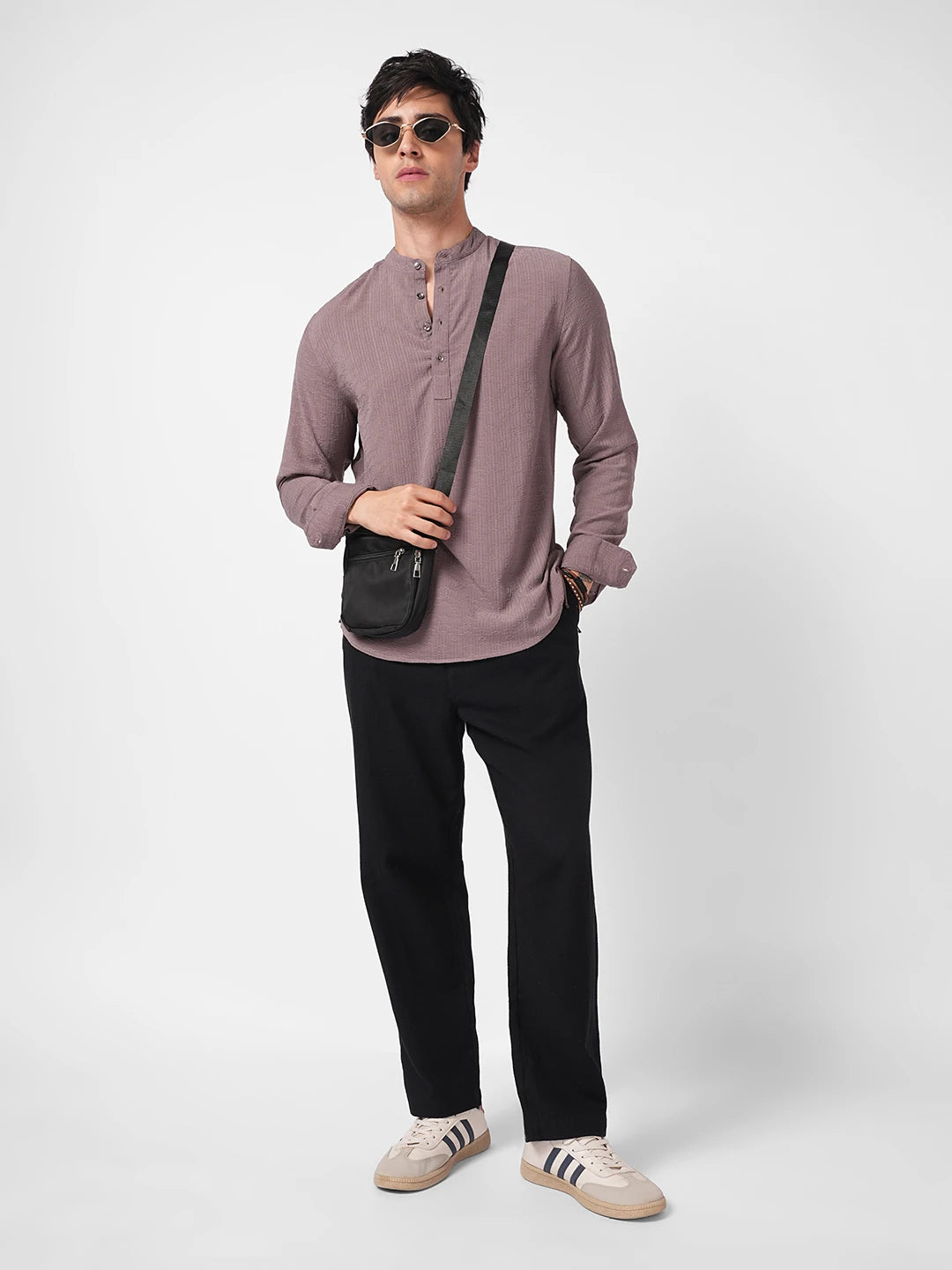 Black Diagonal Twill Textured Tapered Trousers