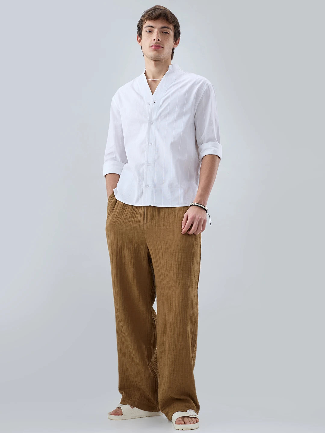 Sepia Brown Double Cloth Straight Fit Trousers
