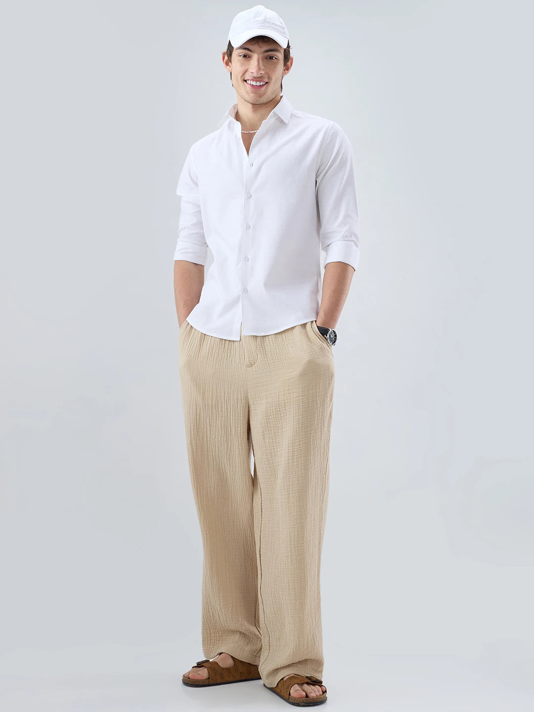Tuscan Beige Double Cloth Straight Fit Trousers