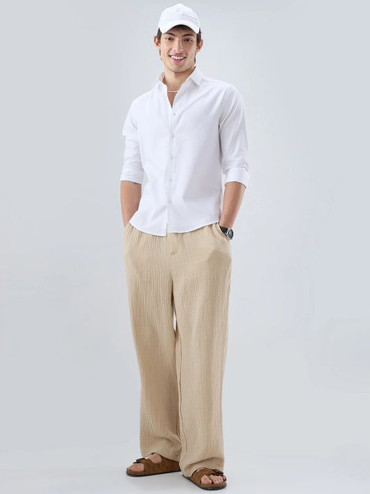Tuscan Beige Double Cloth Straight Fit Trousers