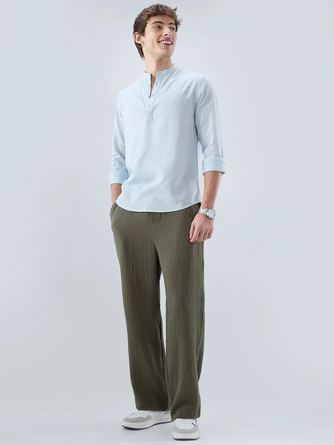 Olive Double Cloth Straight Fit Trousers