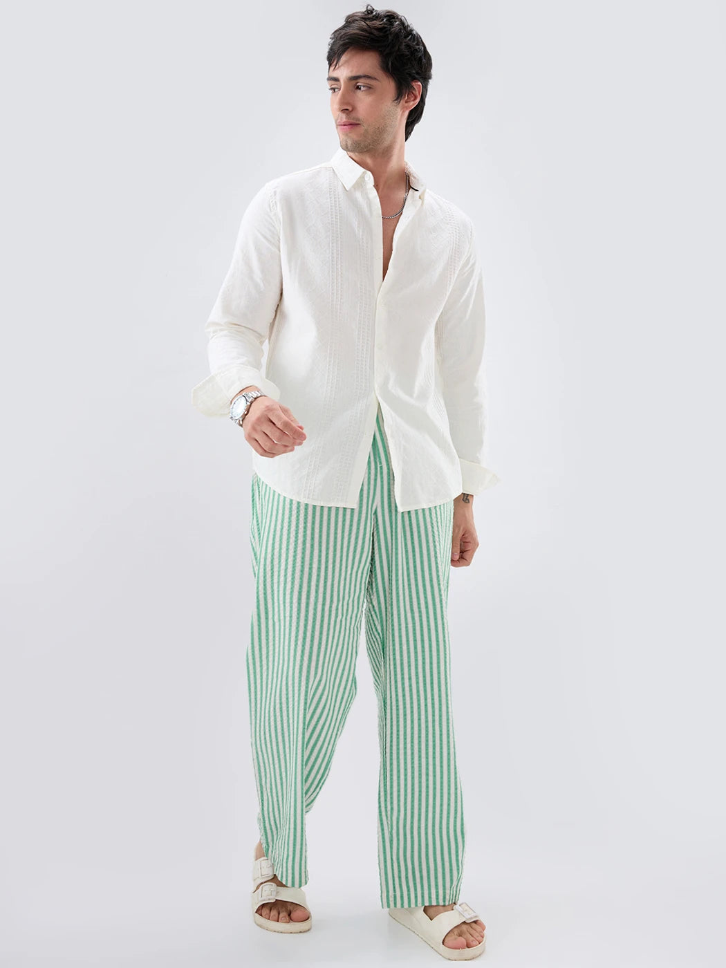 Jade Green Seersucker Candy Striped Straight Fit Trousers
