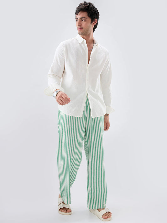 Jade Green Seersucker Candy Striped Straight Fit Trousers