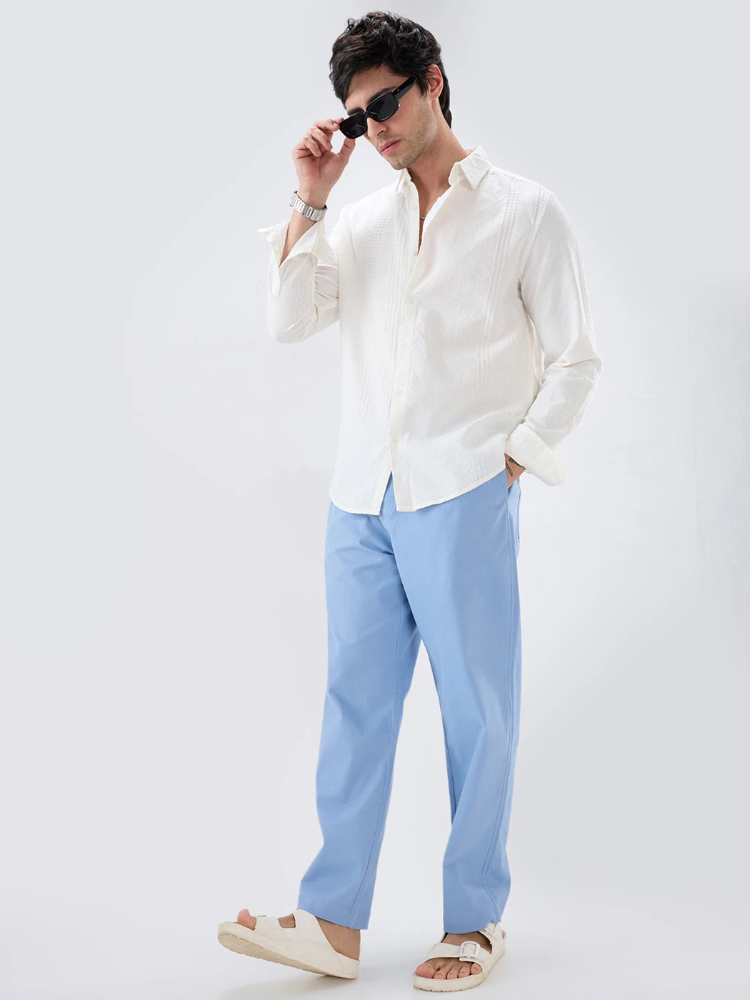 Solid Steel Blue Twill Tapered Trousers
