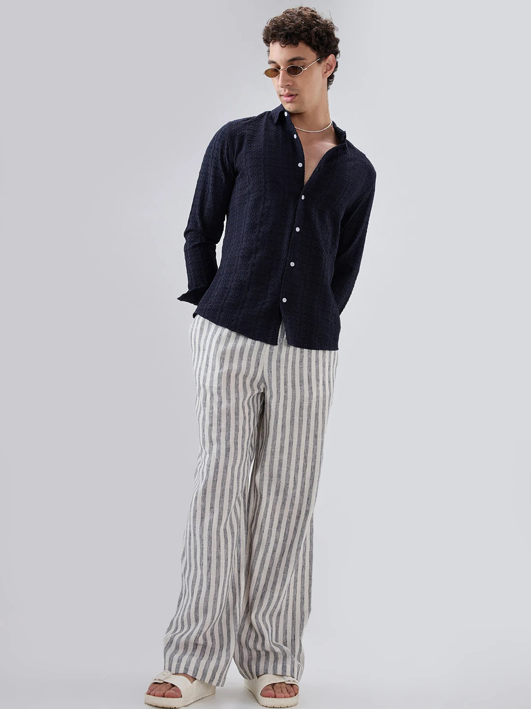 Monochrome Melange Textured Wide Leg Trousers