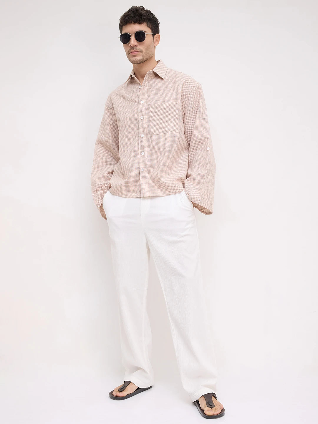 White Breezy Textured Straight Fit Trousers