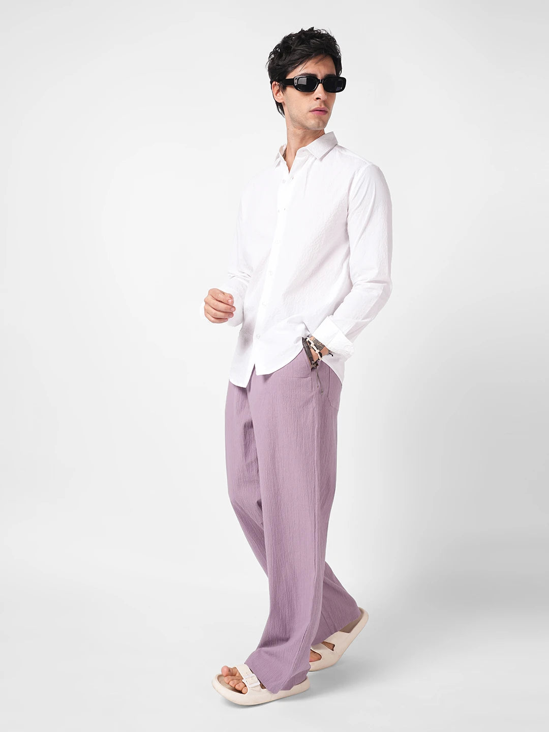 Thistle Lilac Textured Straight Fit Trousers
