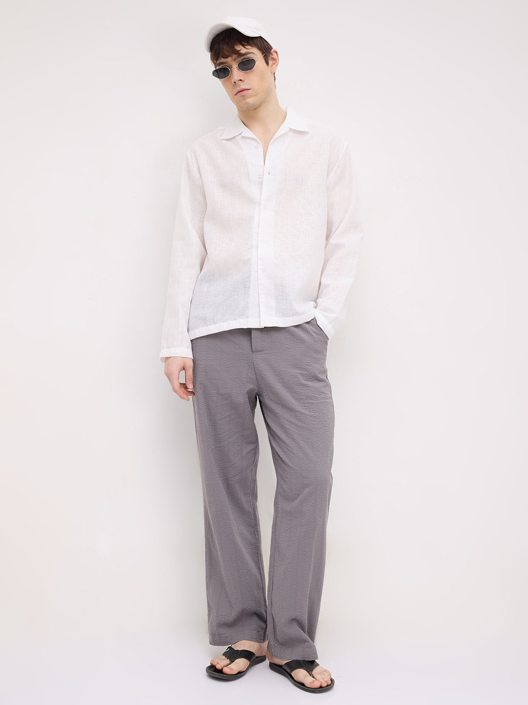 Solid Grey Seersucker Striped Straight Fit Trousers
