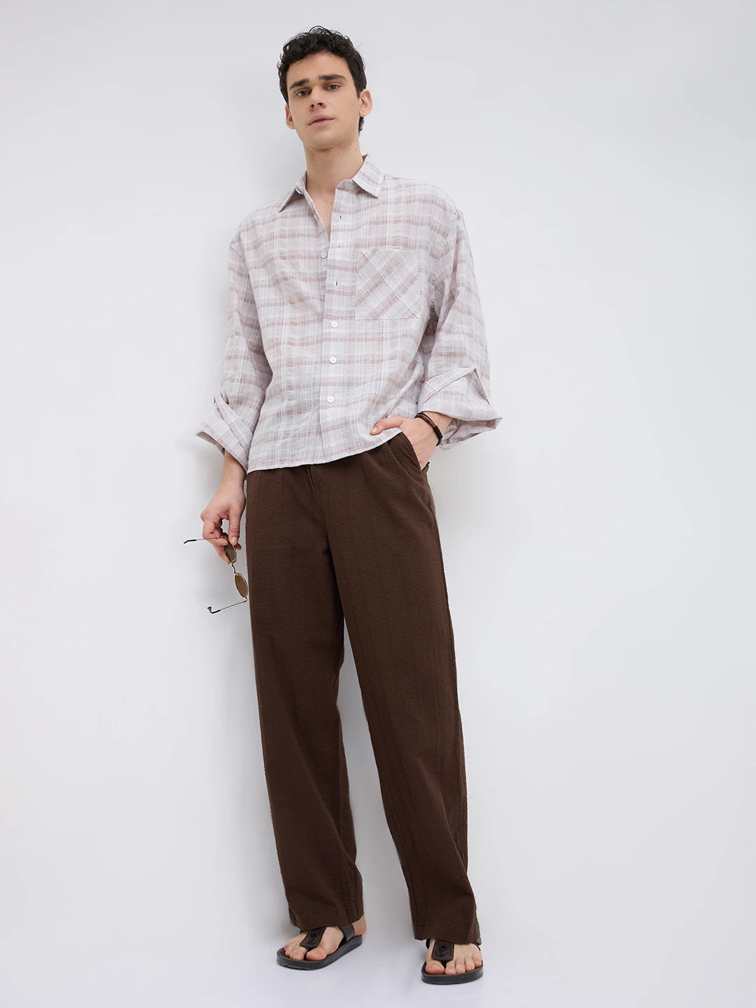 Luxe Brown Seersucker Striped Straight Fit Trousers