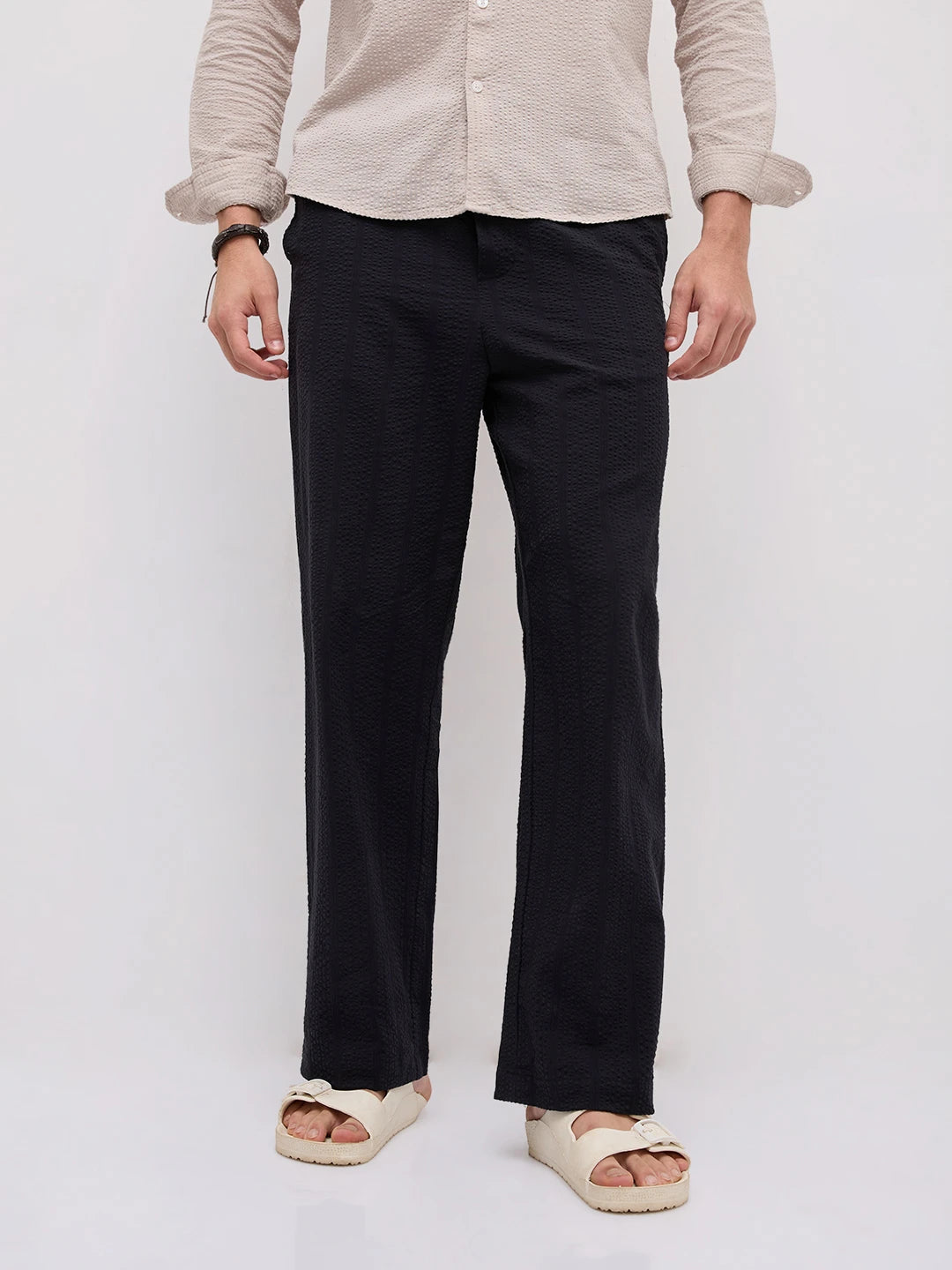 Luxe Black Seersucker Striped Straight Fit Trousers