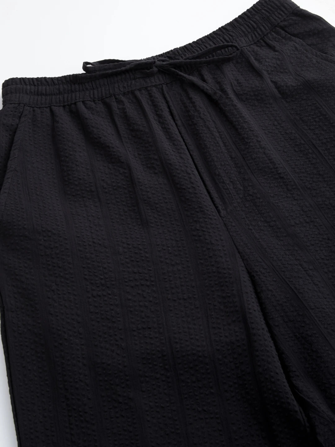 Luxe Black Seersucker Striped Straight Fit Trousers