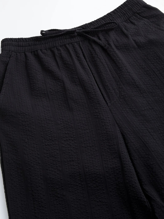 Luxe Black Seersucker Striped Straight Fit Trousers
