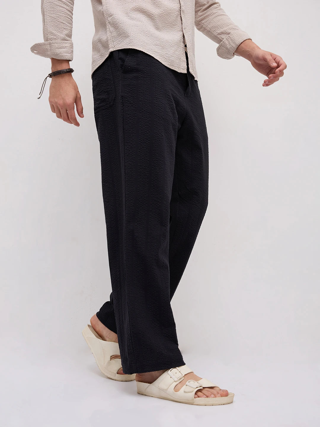 Luxe Black Seersucker Striped Straight Fit Trousers